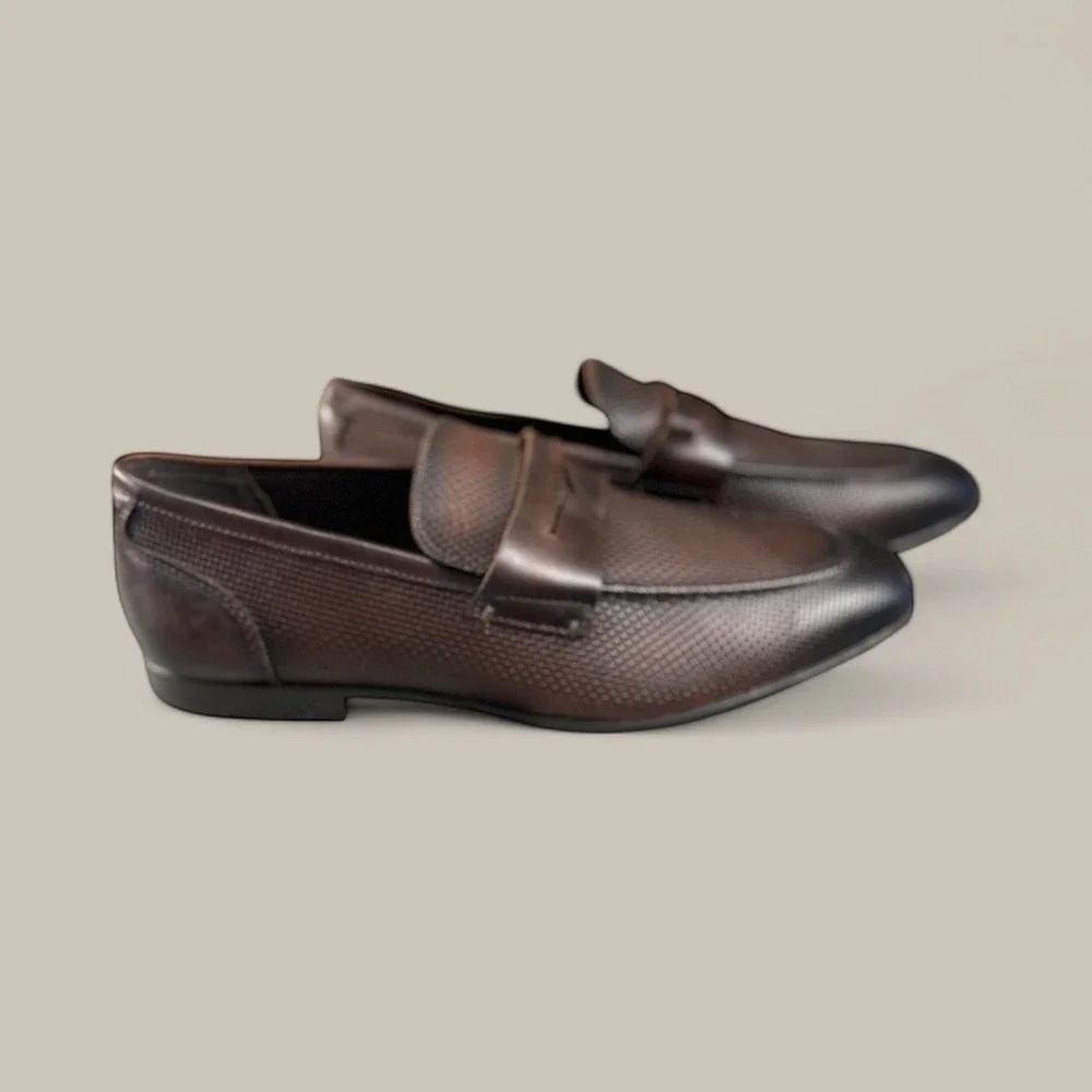 Vittorio Russo Men's Brown Leather Woven Texture Dress Loafer Shoes‎ Size 10.5
